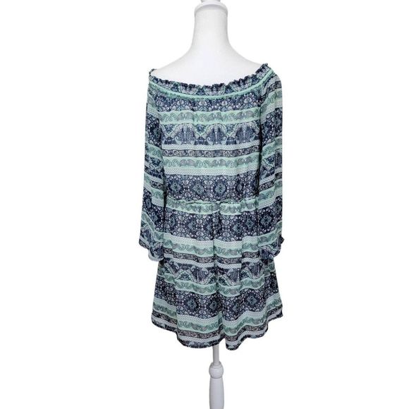Alya Dress Mini Women's Small Blue & Teal 3/4 Bell Sleeve Boho - Picture 3 of 12